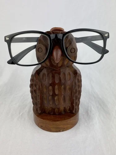 Carved Wood OWL EYEGLASS HOLDER Eye Glass Stand Rest Wooden Bird Dark Stain